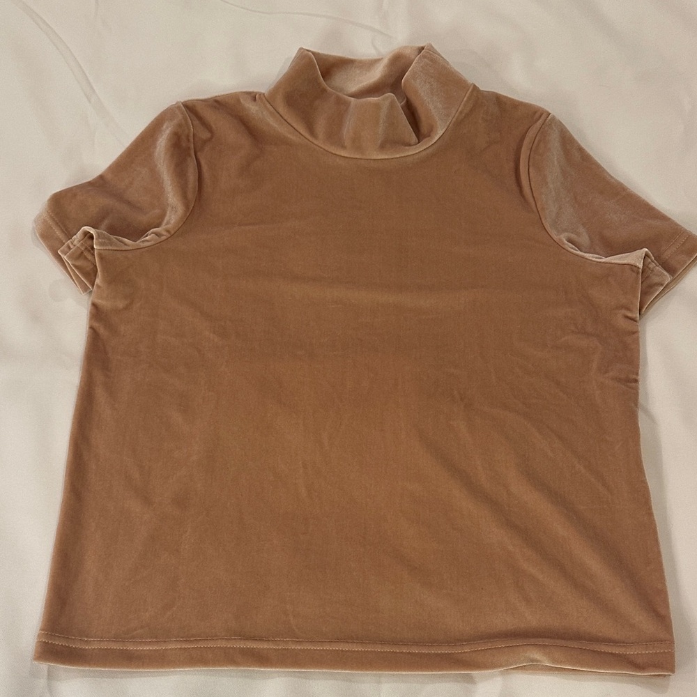 Madewell Velvet Short Sleeve Mock Turtleneck Romantic Minimalist Top in Tan XS